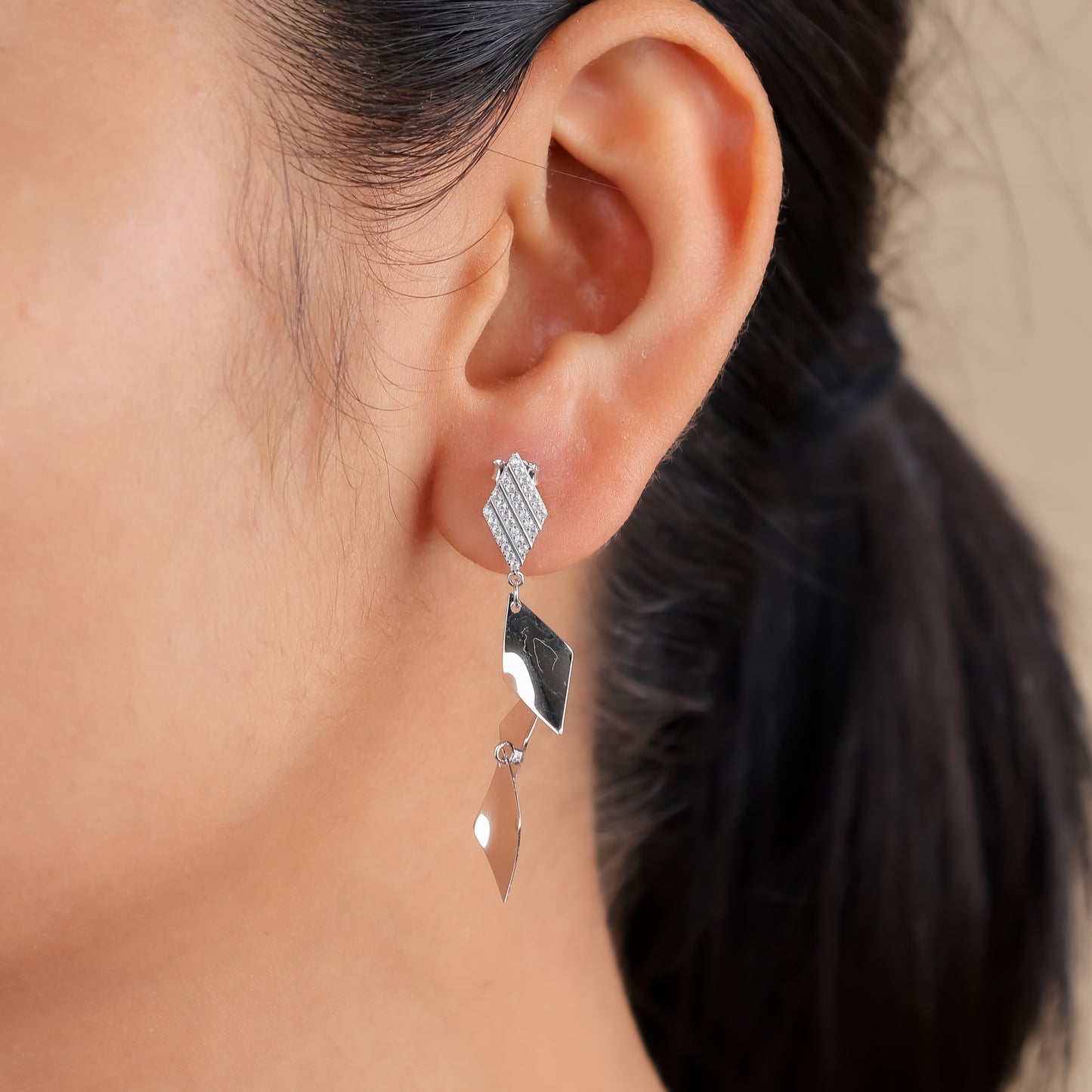 Silver Diamond-Shaped Long Drop Earrings