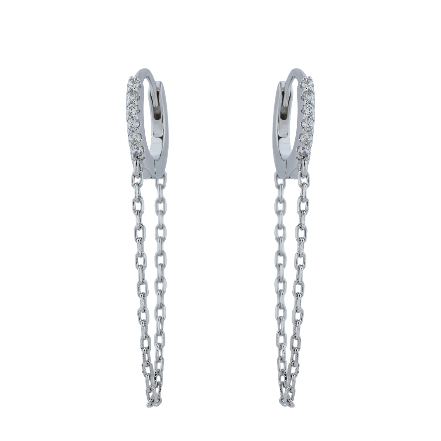 Silver Chain Drop Hoop Earrings with Crystals