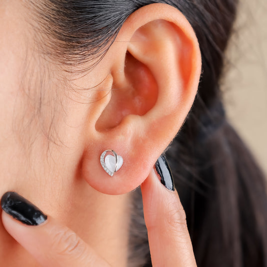 Silver Heart Stud Earrings with Crystal Accents