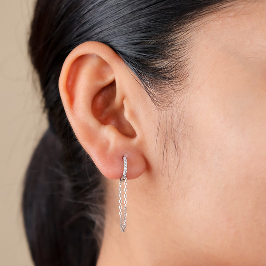 Silver Chain Drop Hoop Earrings with Crystals