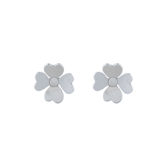 Silver Four-Leaf Heart Clover Stud Earrings
