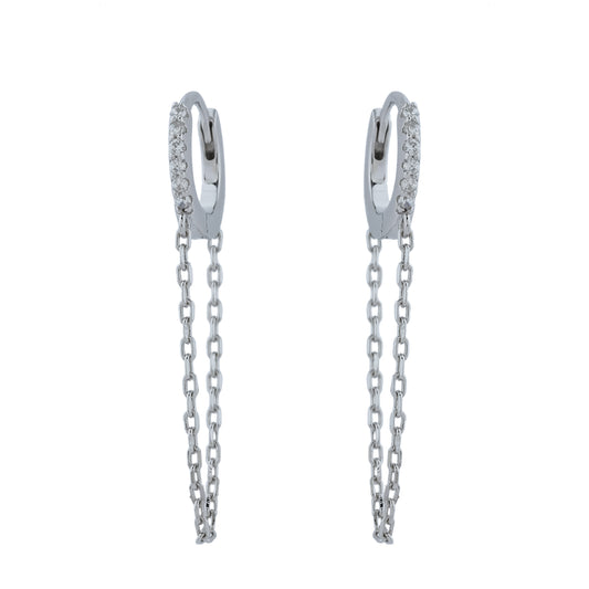 Silver Chain Drop Hoop Earrings with Crystals
